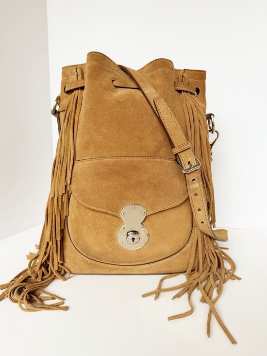 Ralph Lauren Handbags - Ralph Lauren Ricky Fringe Bucket Bag Suede Camel Leather Drawstring Crossbody